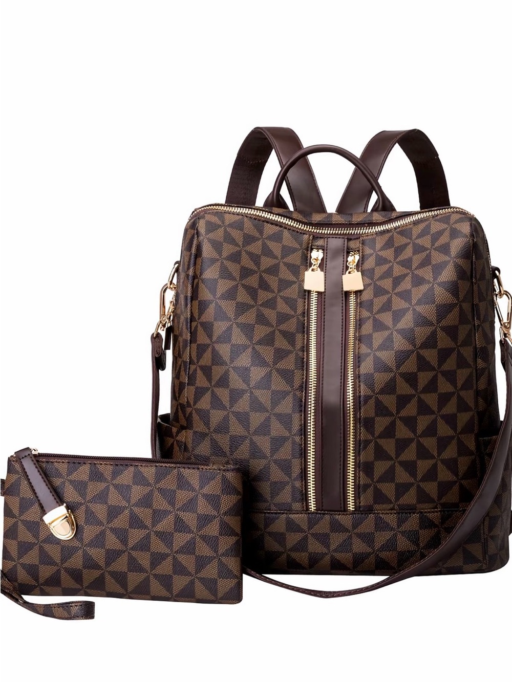 Brown Geometric Pattern Women's Backpack with Matching Wristlet - Gold Hardware